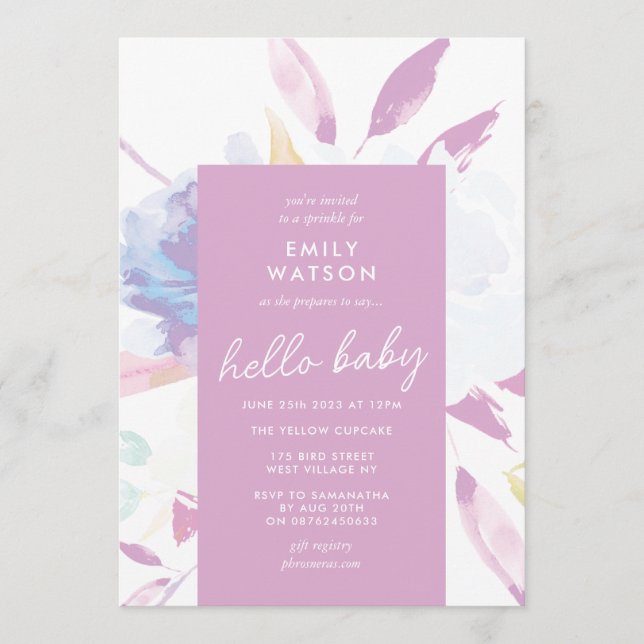 Elegant Floral Watercolor Purple Hello Baby Shower Invitation (Front)