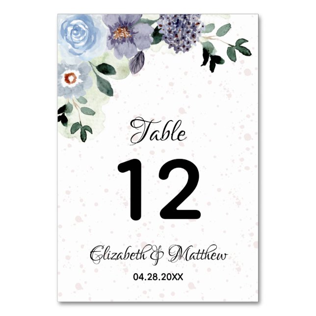 Elegant Floral Watercolor Purple Wedding Table Number (Front)