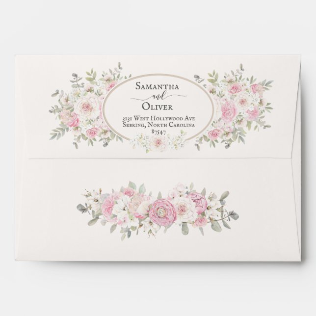 Elegant Floral Watercolor Roses & Peonies Wedding  Envelope (Back (Top Flap))
