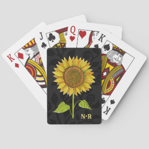   Elegant Floral Watercolor Sunflower Monogrammed Playing Cards
