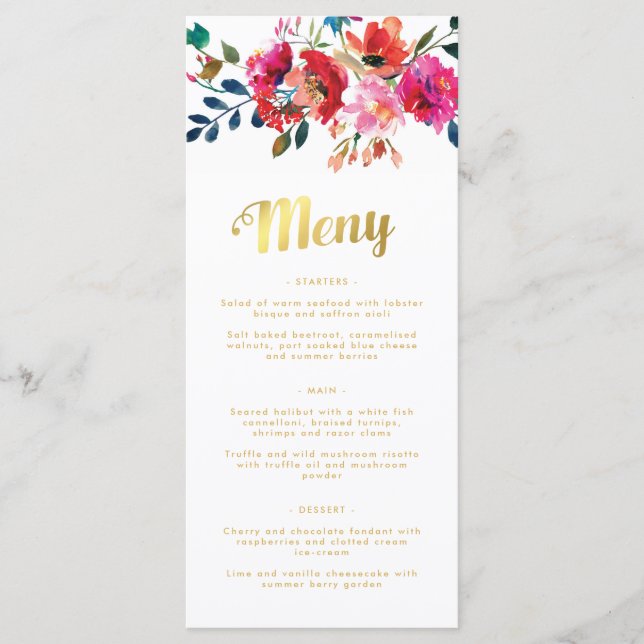 Elegant Floral Watercolor Swedish Wedding Menu (Front)