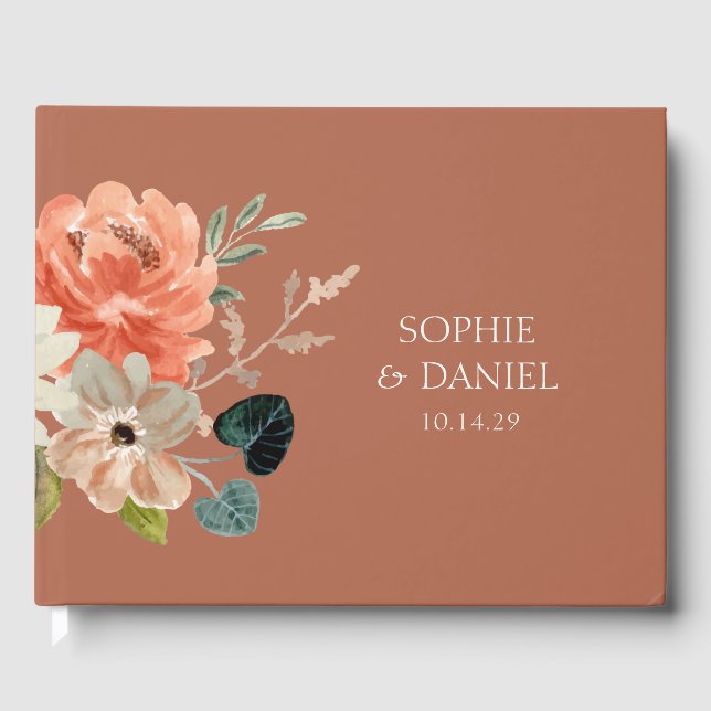 Elegant Floral Watercolor Terracotta Wedding Guest Book (Front)