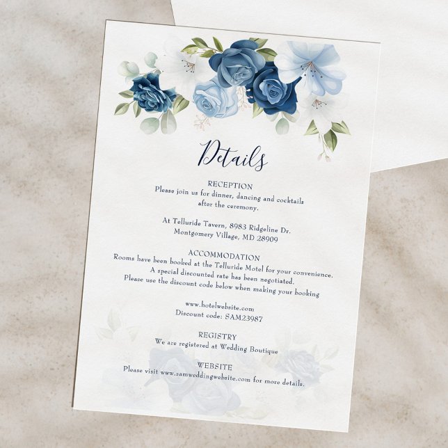 Elegant Floral Watercolor Wedding Details Enclosure Card (Floral Dusty Blue Watercolor Bloom Wedding Details)