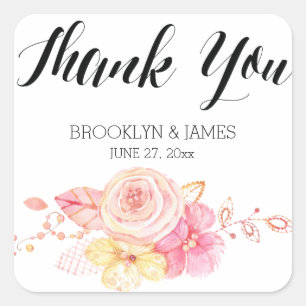 Elegant Floral Watercolor Wedding Stickers Square