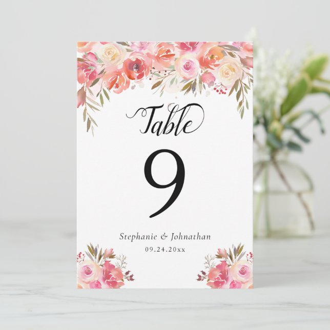 Elegant Floral Watercolor Wedding Table Number (Standing Front)