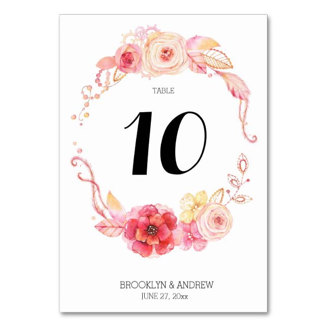 Elegant Floral Watercolor Wedding Table Numbers (Front)