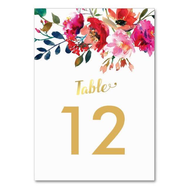 Elegant Floral Watercolor White Gold Table Numbers (Front)