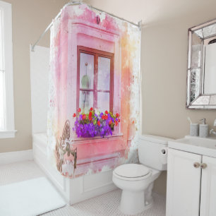 Elegant Floral Watercolor Window Boxes Shower Curtain