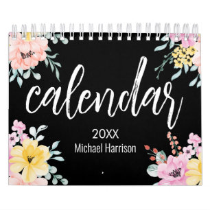 Elegant Floral watercolour black and white 2025 Calendar