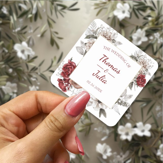 Elegant Floral Wedding Burgundy  & Silver Square Sticker (Elegant Floral Wedding Burgundy & Silver Square Sticker)