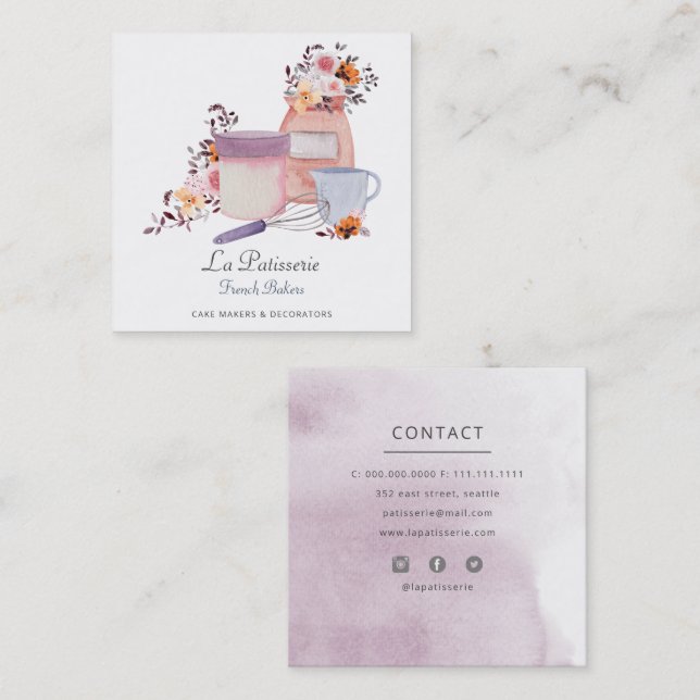 Elegant Floral Wedding Cake Makers Bakery Baking Square Business Card (Front/Back)
