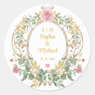 Elegant Floral Wedding Crest Vintage Gold Monogram Classic Round Sticker