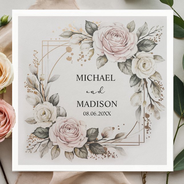 Elegant Floral Wedding Custom Names & Date Gold  Napkin (Creator Uploaded)