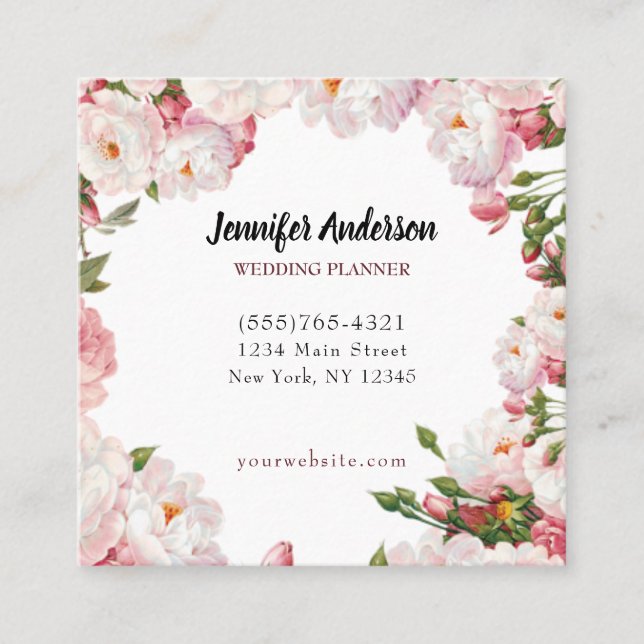 Elegant Floral Wedding Event Planner Service Square Business Card (Front)