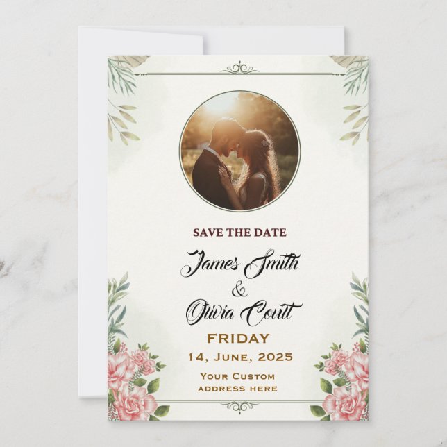 Elegant Floral Wedding Invitation Card with photo (Front)