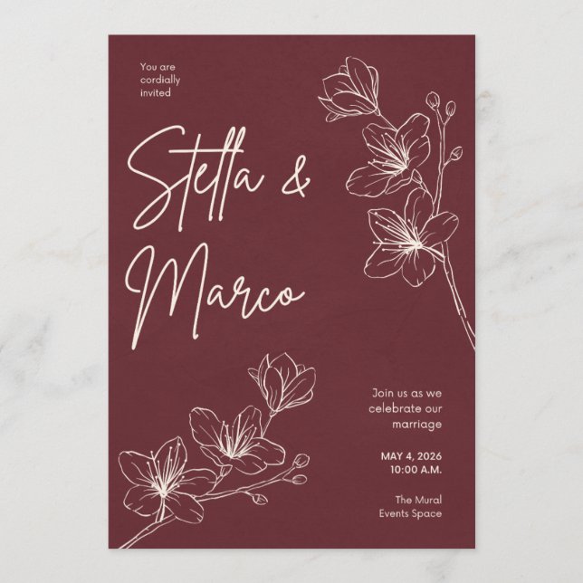 Elegant Floral Wedding Invitation – Deep Maroon De (Front)