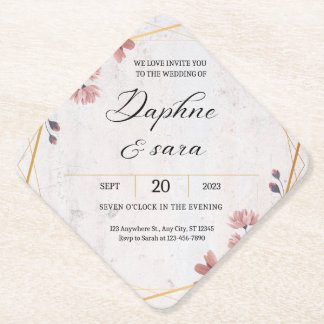 Elegant Floral Wedding Invitation – Geometric Gold Paper Coaster