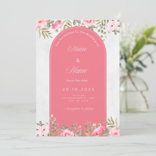 Elegant floral wedding invitation_pink arch design invitation (Standing Front)