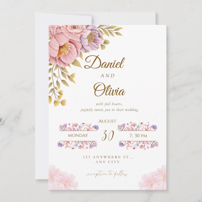 Elegant Floral Wedding Invitation | Romantic Pink  (Front)