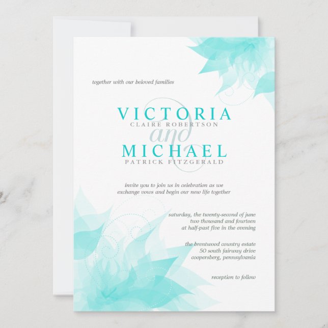 Elegant Floral Wedding Invitation-Teal Blue Ice Invitation (Front)