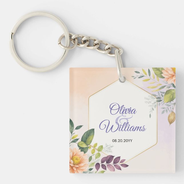 Elegant Floral Wedding Invitation Template Key Ring (Front)