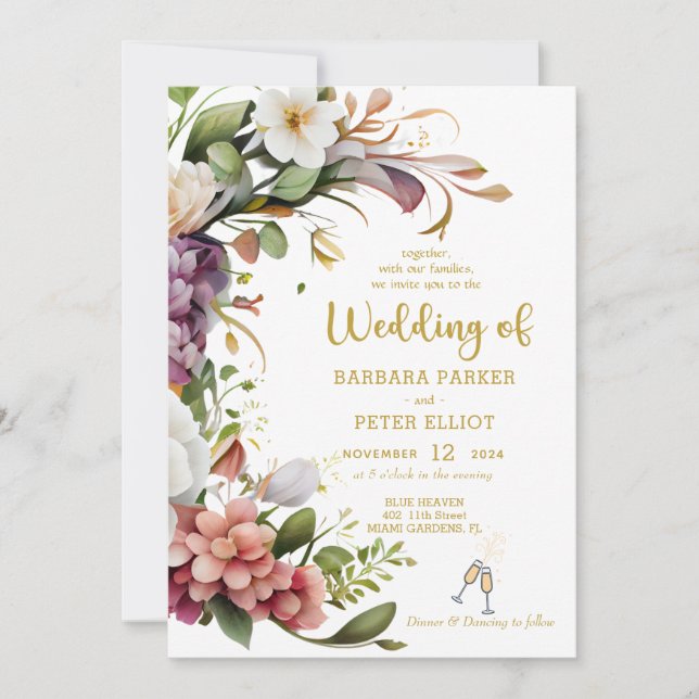 Elegant Floral Wedding invitation with Gold Theme (Front)