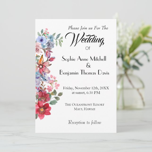 Elegant Floral Wedding Invitation with Watercolor (Standing Front)