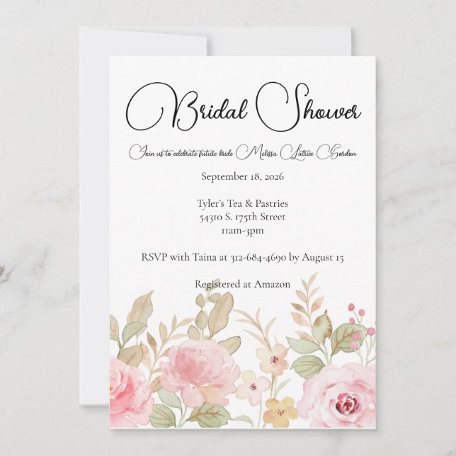 Elegant Floral Wedding Personalised Bridal Shower Invitation (Front)