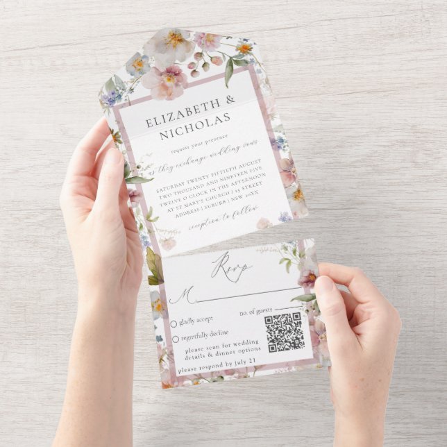 Elegant Floral Wedding QR Code All In One Invitation (Tearaway)