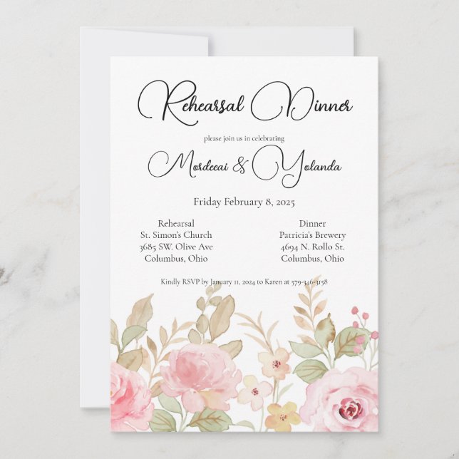 Elegant Floral Wedding Rehearsal Dinner Invitation (Front)