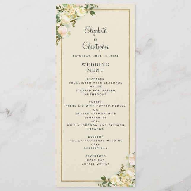 Elegant Floral Wedding Rose Gold Frame Eggshell Menu (Front)