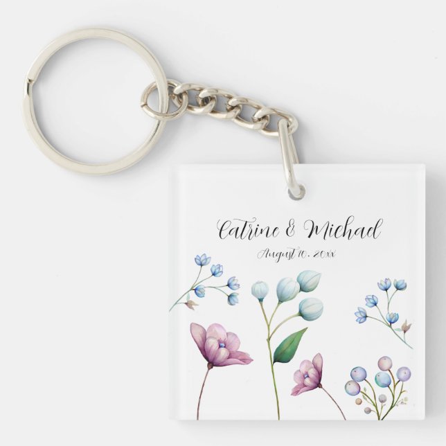 Elegant Floral Wedding Soft Botanical Romance Key Ring (Front)
