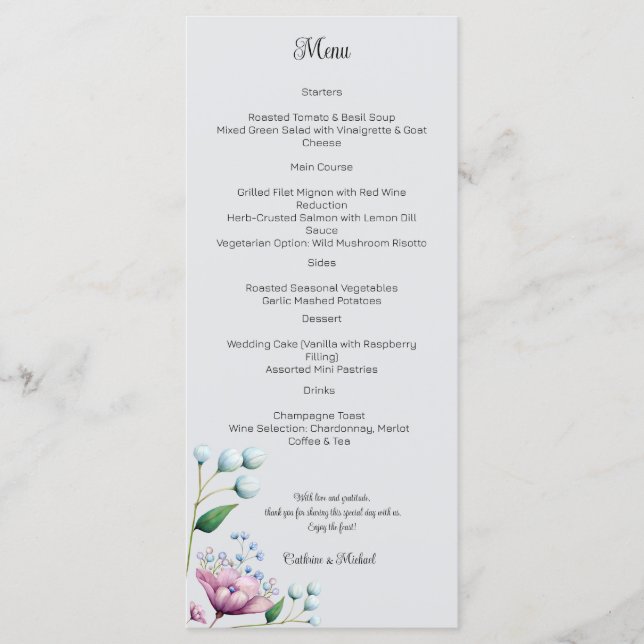 Elegant Floral Wedding Soft Botanical Romance Menu (Front)