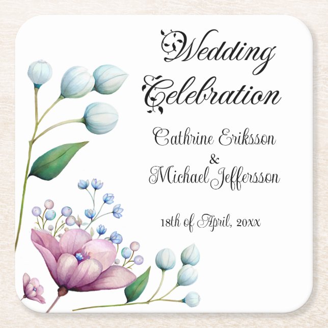 Elegant Floral Wedding Soft Botanical Romance Square Paper Coaster (Front)