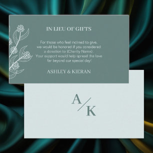 Elegant Floral Wedding Teal  In Lieu of Gifts , Enclosure Card
