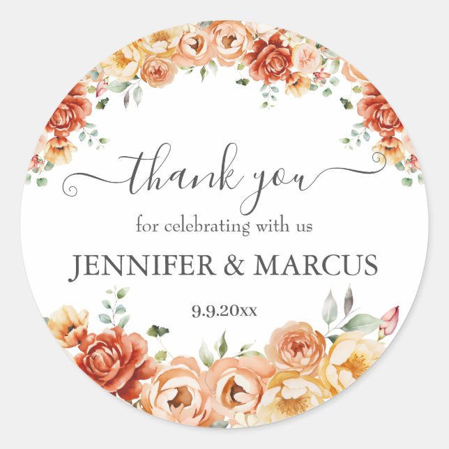 Elegant Floral Wedding Thank You Favour  Classic Round Sticker (Front)
