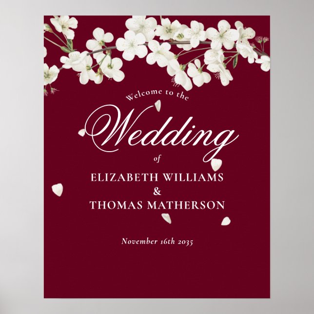 Elegant  Floral Wedding White Blossom Welcome Sign (Front)