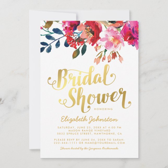Elegant Floral Wedding White Gold Bridal Shower Invitation (Front)