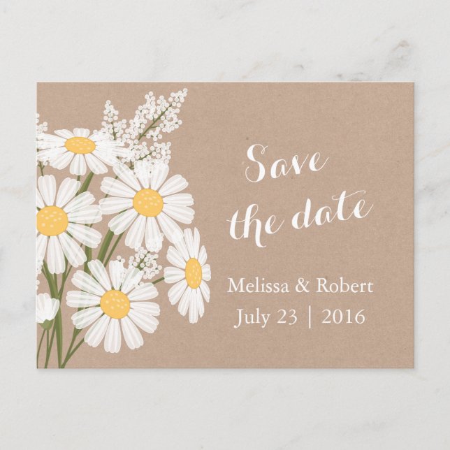 Elegant Floral White Daisies Beige Save the Date Announcement Postcard (Front)