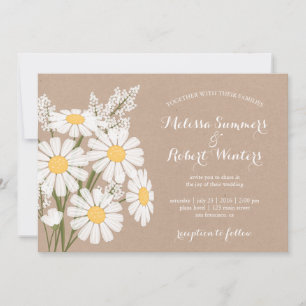 Elegant Floral White Daisies Beige Wedding Invitation
