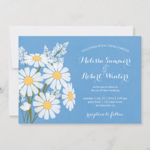 Elegant Floral White Daisies Blue Wedding Invitation