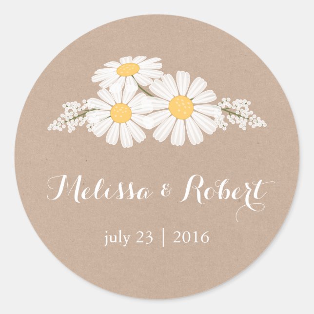 Elegant Floral White Daisies Bouquet Wedding Classic Round Sticker (Front)