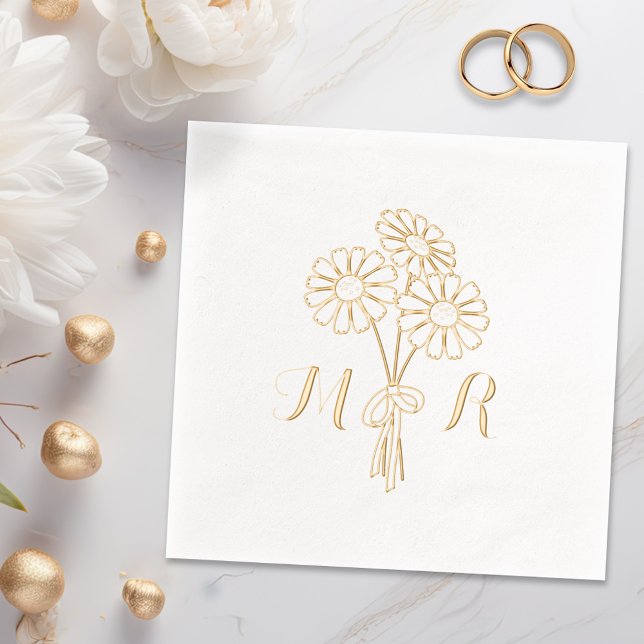 Elegant Floral White Daisies Monogram Wedding Foil Napkins (Creator Uploaded)