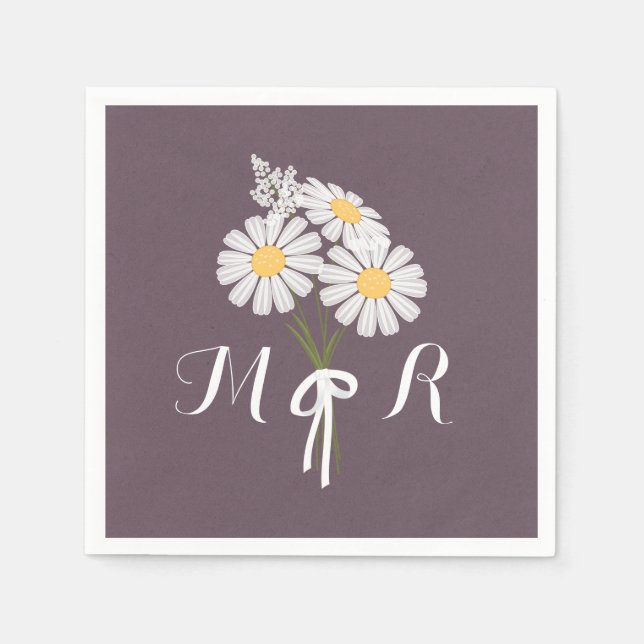 Elegant Floral White Daisies Monogram Wedding Napkin (Front)