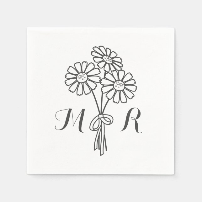 Elegant Floral White Daisies Monogram Wedding Napkin (Front)