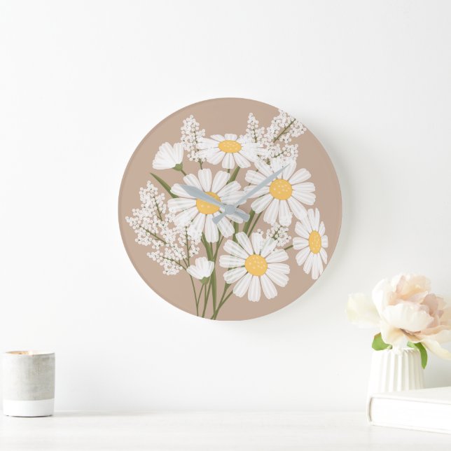 Elegant Floral White Daisies on Beige Large Clock (Home)