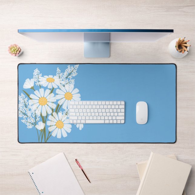 Elegant Floral White Daisies on Blue Desk Mat (Office 1)
