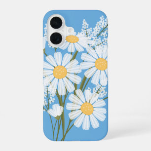 Elegant Floral White Daisies on Blue iPhone 16 Case