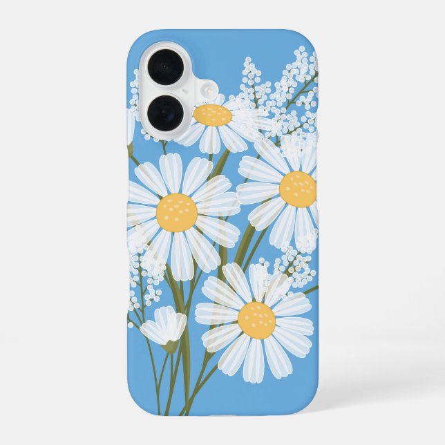 Elegant Floral White Daisies on Blue iPhone 16 Case (Back)
