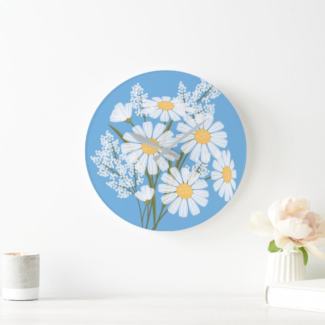 Elegant Floral White Daisies on Blue Large Clock (Home)